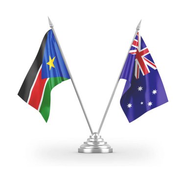 Avustralya ve Güney Sudan masa bayrakları beyaz 3D görüntüleme üzerinde izole