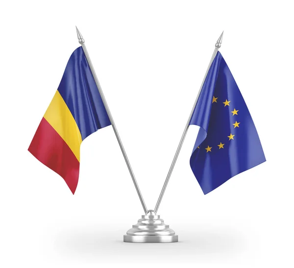 Europeiska unionen och Rumänien tabell flaggor isolerade på vit 3d konvertering — Stockfoto