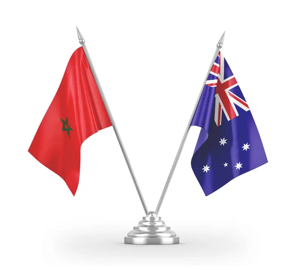 Banderas de mesa Australia y Marruecos aisladas en renderizado 3D blanco — Foto de Stock
