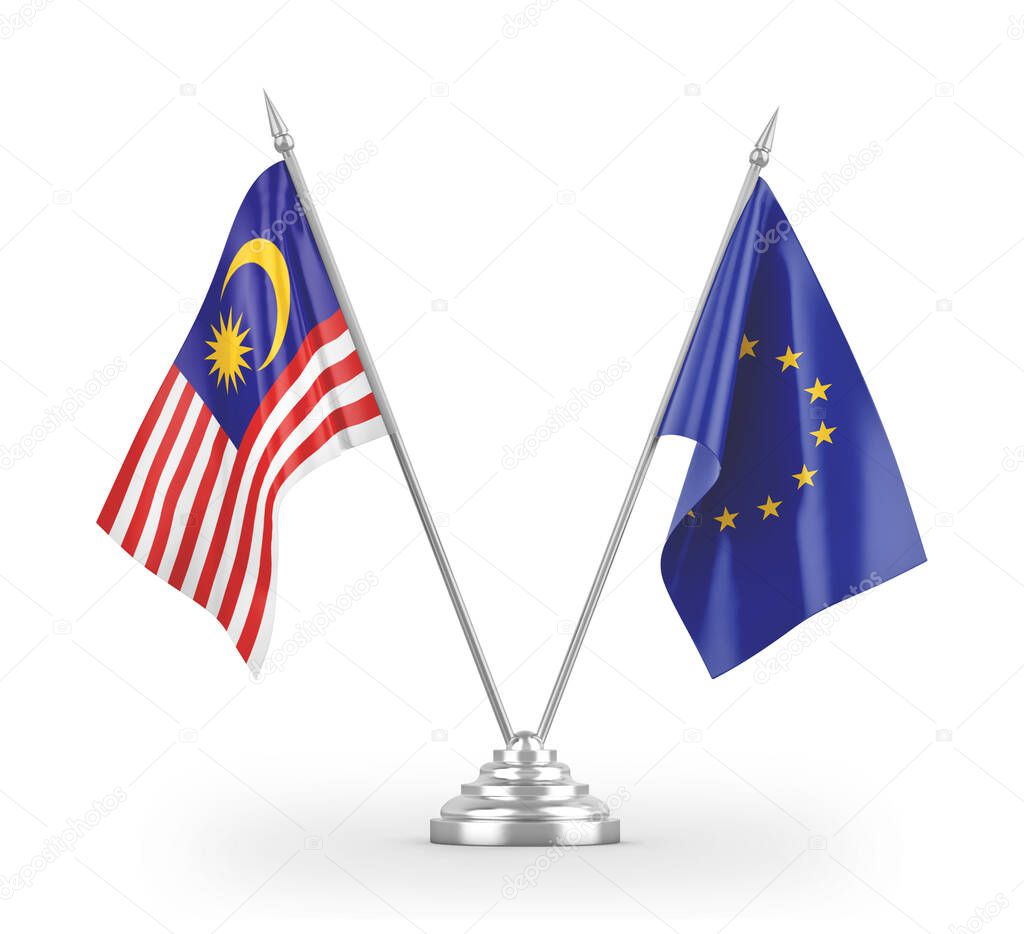 European Union and Malaysia table flags isolated on white 3D rendering