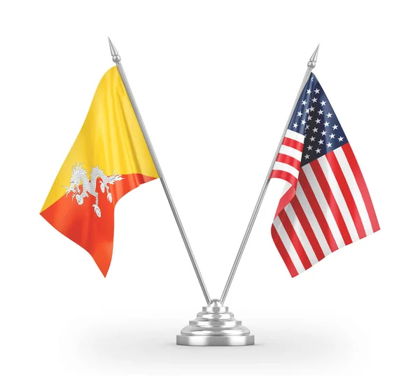 United States and Bhutan table flags isolated on white 3D rendering — 스톡 사진