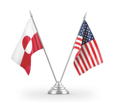 ABD ve Grönland masa bayrakları beyaz 3D görüntüleme üzerinde izole edildi