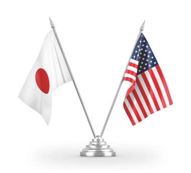 ABD ve Japonya masa bayrakları beyaz 3D görüntüleme üzerinde izole edildi
