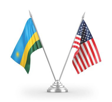 United States and Rwanda table flags isolated on white 3D rendering