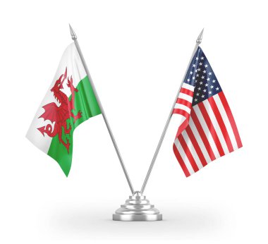United States and Wales table flags isolated on white 3D rendering