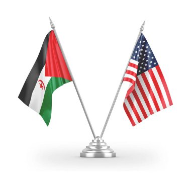 United States and Western Sahara table flags isolated on white 3D rendering