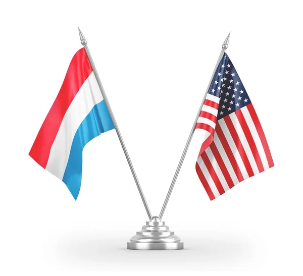 Bandiere da tavolo Stati Uniti e Lussemburgo isolate su rendering 3D bianco — Foto Stock