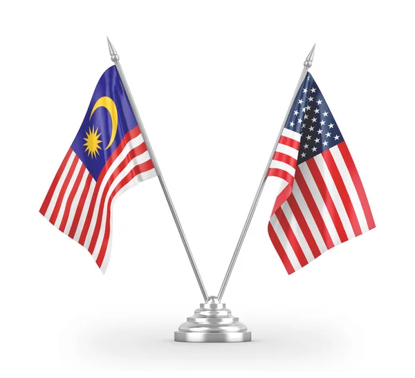 United States and Malaysia table flags isolated on white 3D rendering — 스톡 사진