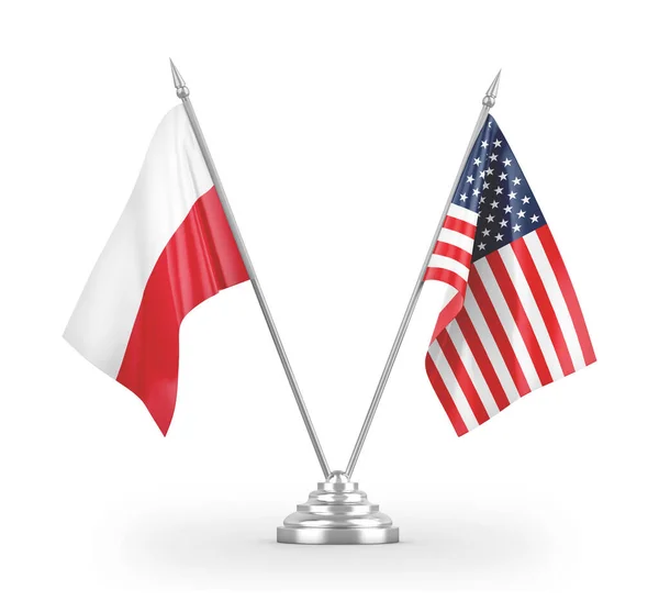Banderas de mesa de Estados Unidos y Polonia aisladas en renderizado 3D blanco —  Fotos de Stock