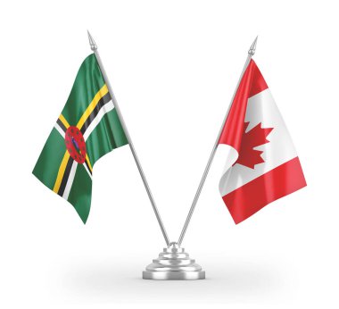 Kanada ve Dominica masa bayrakları beyaz 3D görüntülerde izole edildi