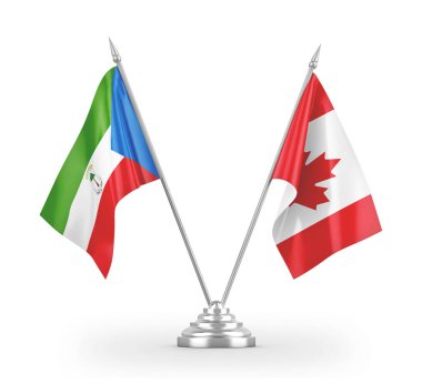 Kanada ve Ekvator Gine masa bayrakları beyaz 3D görüntüleme üzerinde izole