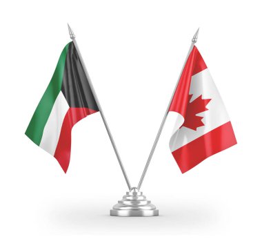 Kanada ve Kuveyt masa bayrakları beyaz 3D görüntüleme üzerinde izole edildi