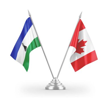 Kanada ve Lesotho masa bayrakları beyaz 3D görüntüleme üzerinde izole