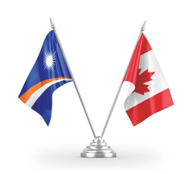 Kanada ve Marshall Adaları masa bayrakları beyaz 3D görüntüleme üzerinde izole