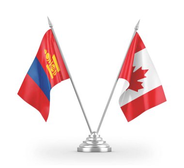 Kanada ve Moğolistan masa bayrakları beyaz 3D görüntüleme üzerinde izole edildi