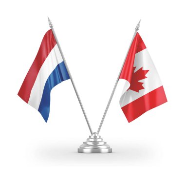 Kanada ve Hollanda masa bayrakları beyaz 3D görüntüleme üzerinde izole edildi