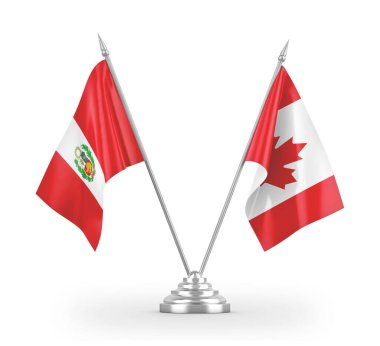 Kanada ve Peru masa bayrakları beyaz 3D görüntüleme üzerinde izole edildi