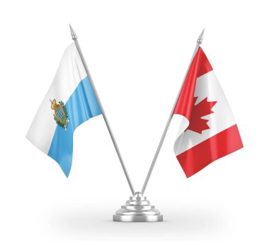 Kanada ve San Marino masa bayrakları beyaz 3D görüntüleme üzerinde izole