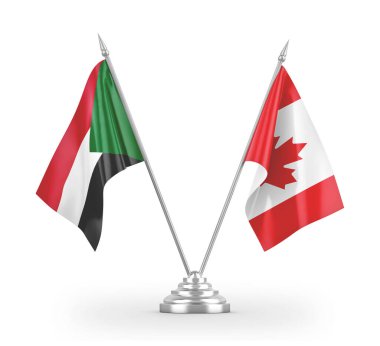 Kanada ve Sudan masa bayrakları beyaz 3D görüntüleme üzerinde izole edildi