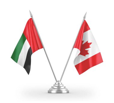 Kanada ve Birleşik Arap Emirlikleri masa bayrakları beyaz 3D görüntüleme üzerinde izole edildi