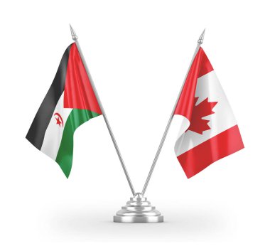 Kanada ve Batı Sahra masa bayrakları beyaz 3D görüntüleme üzerinde izole edildi