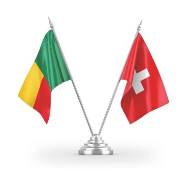İsviçre ve Benin masa bayrakları beyaz 3D görüntüleme üzerinde izole edildi 