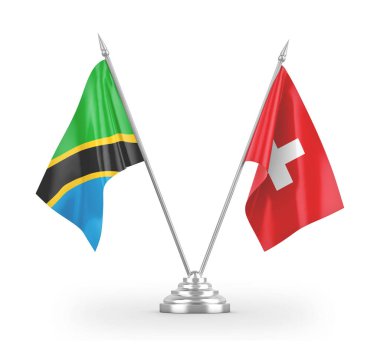 İsviçre ve Tanzanya masa bayrakları beyaz 3D görüntüleme üzerinde izole edildi