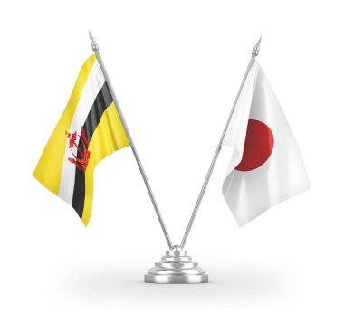 Japonya ve Brunei masa bayrakları beyaz 3D görüntülerde izole edildi