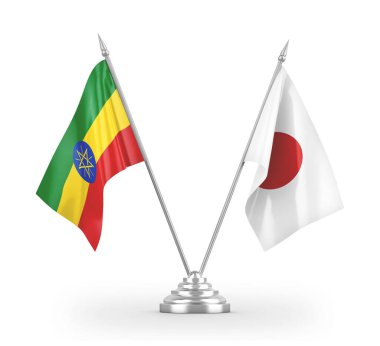 Japonya ve Etiyopya masa bayrakları beyaz 3D görüntüleme üzerinde izole edildi