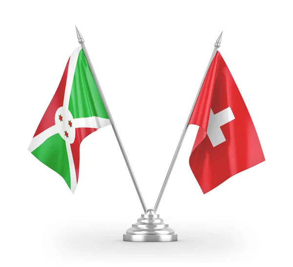 瑞士和布隆迪在白色3D渲染上孤立的桌旗 — 图库照片