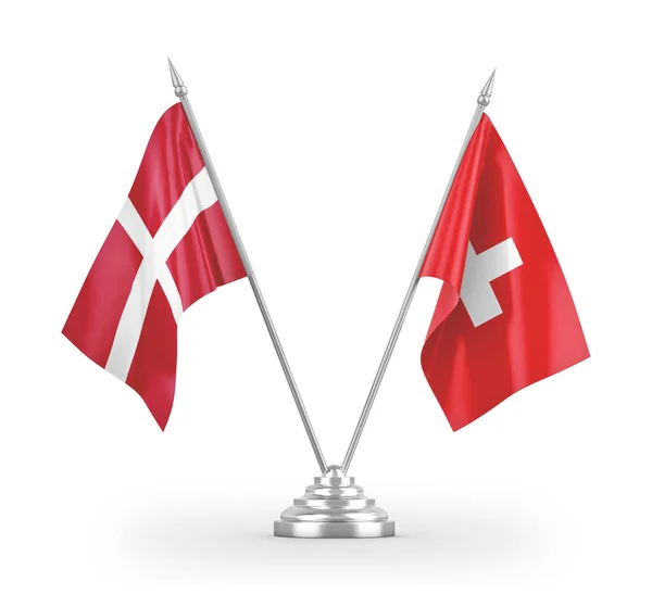 Switzerland and Denmark table flags isolated on white 3D rendering — Stock Photo, Image