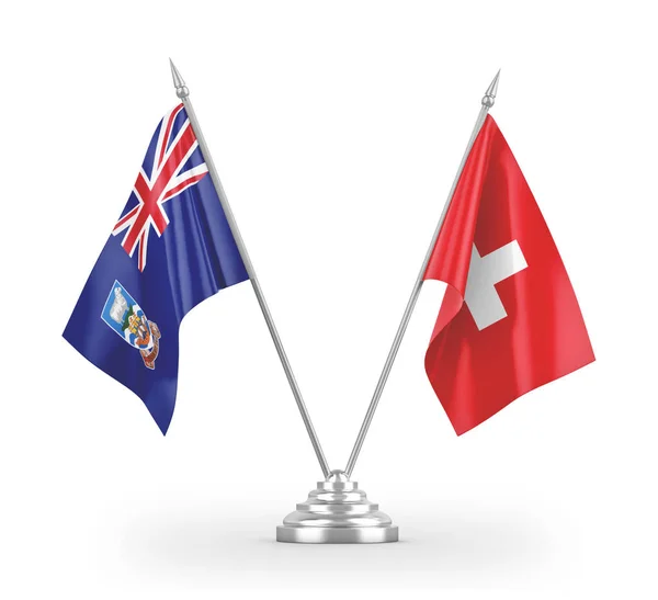 Banderas de mesa Suiza e Islas Malvinas aisladas en renderizado 3D blanco — Foto de Stock