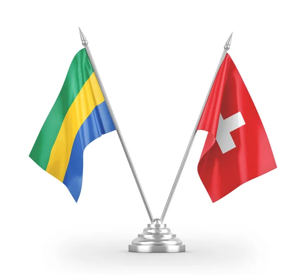 瑞士和加蓬在白色3D渲染上隔离的桌旗 — 图库照片