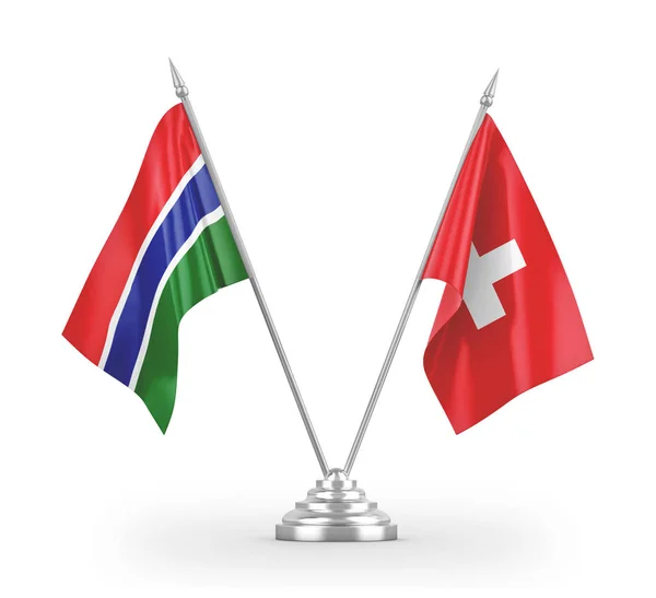 Svájc és Gambia táblázat zászlók elszigetelt fehér 3d renderelés — Stock Fotó
