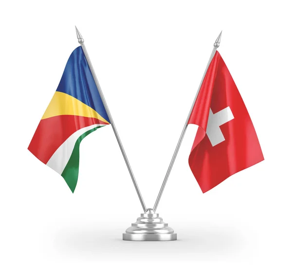 瑞士和塞舌尔在白色3D渲染上孤立的桌旗 — 图库照片