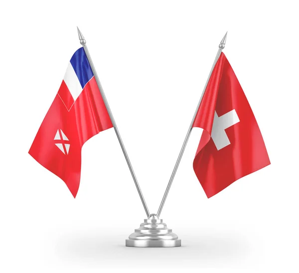 瑞士、瓦利斯和富图纳桌旗在白色3D渲染中隔离 — 图库照片