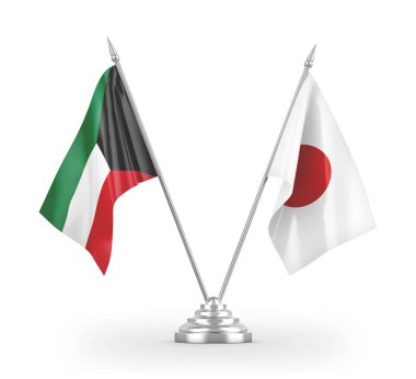 Japonya ve Kuveyt masa bayrakları beyaz 3D görüntülerde izole edildi
