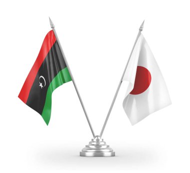 Japonya ve Libya masa bayrakları beyaz 3D görüntülerde izole edildi