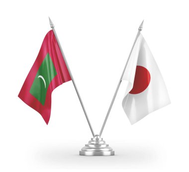 Japonya ve Maldivler masa bayrakları beyaz 3D görüntüleme üzerinde izole