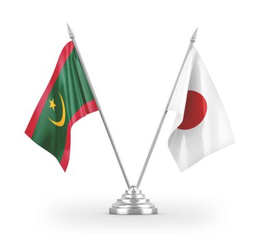 Japonya ve Moritanya masa bayrakları beyaz 3D görüntüleme üzerinde izole