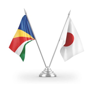 Japonya ve Seyşeller masa bayrakları beyaz 3D görüntüleme üzerinde izole