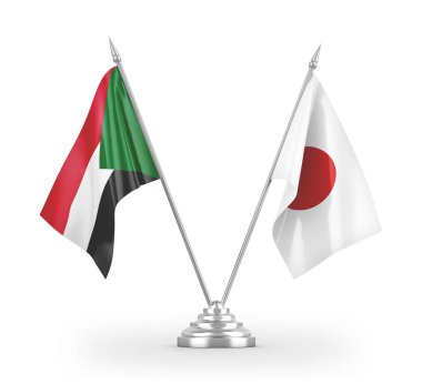Japonya ve Sudan masa bayrakları beyaz 3D görüntüleme üzerinde izole edildi