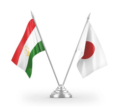 Japonya ve Tacikistan masa bayrakları beyaz 3D görüntüleme üzerinde izole edildi