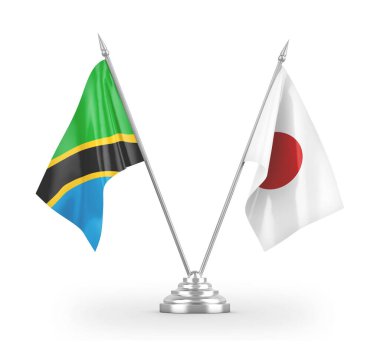 Japonya ve Tanzanya masa bayrakları beyaz 3D görüntüleme üzerinde izole edildi