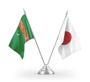 Japonya ve Türkmenistan masa bayrakları beyaz 3D görüntüleme üzerinde izole edildi