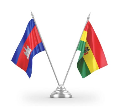 Bolivya ve Kamboçya masa bayrakları beyaz 3d görüntüleme üzerinde izole 