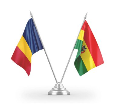 Bolivya ve Çad masa bayrakları beyaz 3D görüntüleme üzerinde izole 