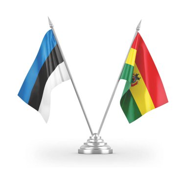 Bolivya ve Estonya masa bayrakları beyaz 3d görüntüleme üzerinde izole edildi