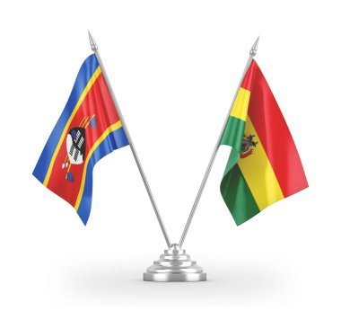 Bolivya ve Eswatini Svaziland beyaz 3D görüntüleme üzerinde izole iki masa bayrakları