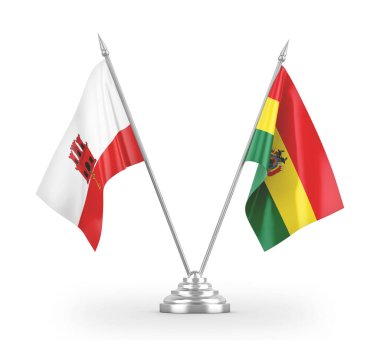 Bolivya ve Gibraltar masa bayrakları beyaz 3D görüntüleme üzerinde izole
